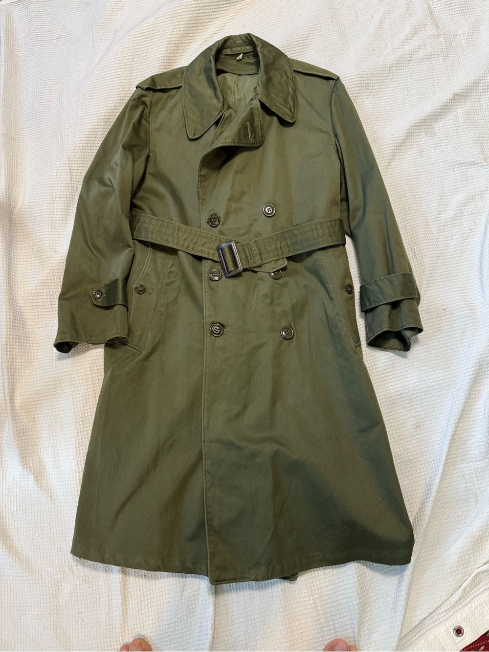 Men's Olive Green Double-Breasted Trench Coat with Belted Waist